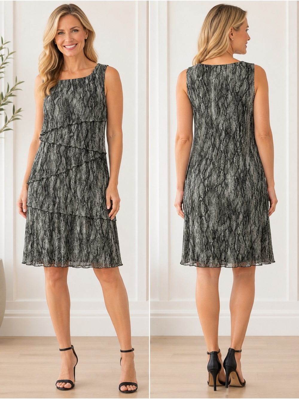 connected apparel Black & Gray Sleeveless Tiered Shift Dress